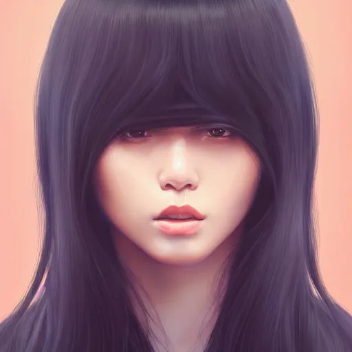 Prompt: portrait of beautiful young asian woman with long black-hair and bangs, highly detailed, digital painting, artstation, concept art, sharp focus, illustration, art by ilya kuvshinov, krenz cushart, Greg Rutkowski