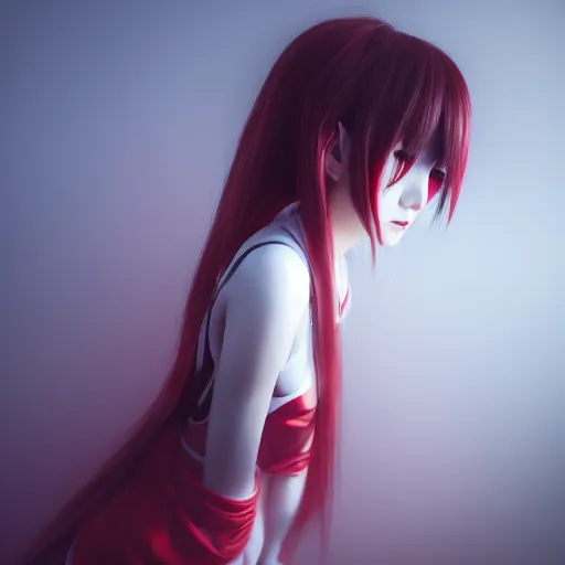 Prompt: photograph of an alternative japanese girl, dark red and white lights, anime influenced, hihgly detailed, hyper realistic, volumentric fog, raytracing