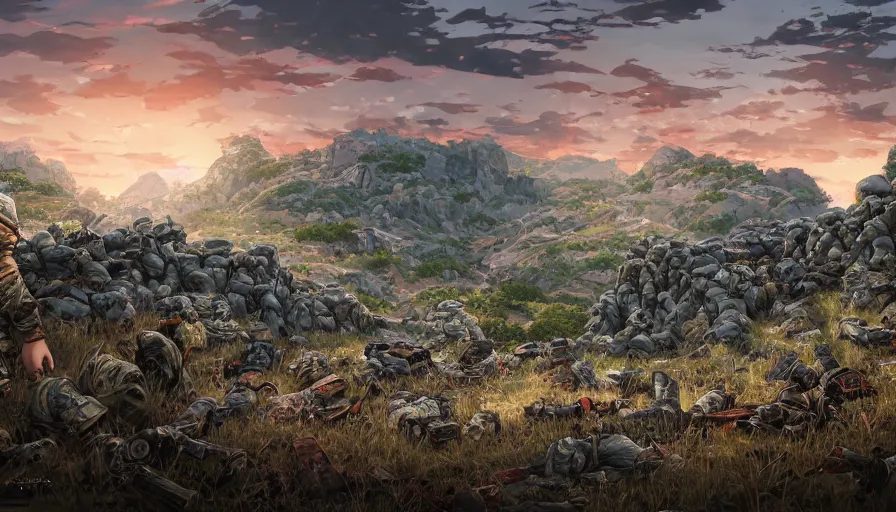 Prompt: the beautiful, chilling, panoramic view of dead soldiers on a field and rocks at dusk with a giant wall in the background. hyperrealistic anime background illustration by kim jung ki, borderlands, colorful, extremely detailed intricate linework, smooth, super sharp focus, bright colors, high contrast, matte, octopath traveler, unreal engine 5 highly rendered, global illumination, radiant light