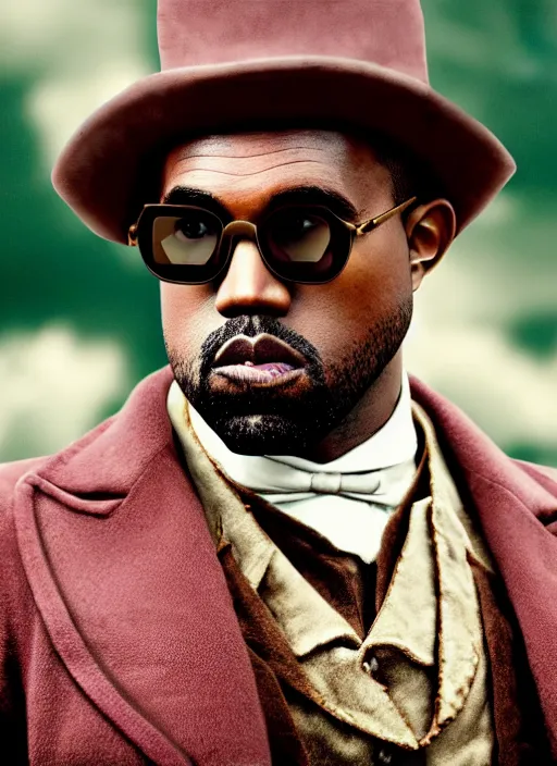 Image similar to portrait kanye west as willy wonka in django unchained, splash art, movie still, cinematic lighting, long lens, shallow depth of field, bokeh, anamorphic lens flare, 8 k, hyper detailed, 3 5 mm film grain