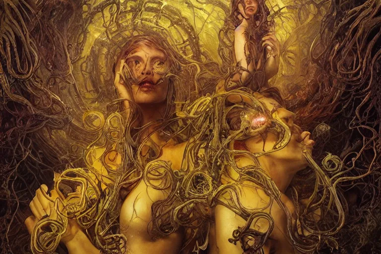Image similar to a lovecraftian painting of the madness of the yellow king, cosmic horror elements, ultra realistic, concept art, intricate details, eerie, highly detailed, photorealistic, octane render, 8 k, unreal engine. art by artgerm and greg rutkowski and alphonse mucha
