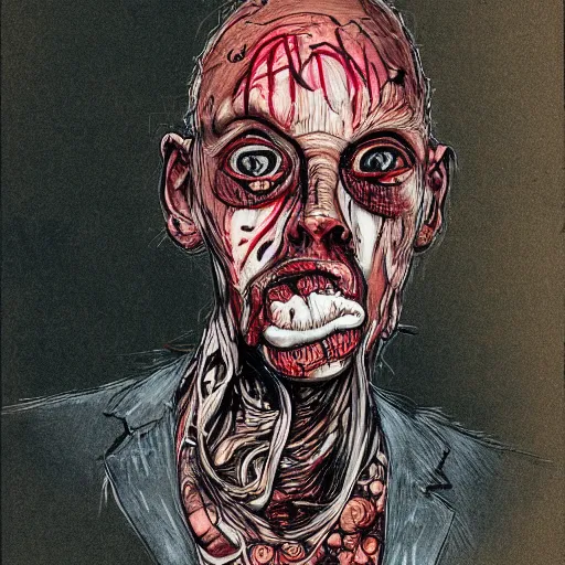 Prompt: Graphic Illustration, Creative Design, Skinless head, Biopunk, Body Horror, Full Body Portrait, Character Design, by Ralph Steadman, Francis Bacon, Hunter S Thompson