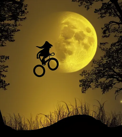 Image similar to a long tailed monkey riding a flying bike across the full moon as silhouette, from the movie e. t. the extra terrestrial, with dark trees in foreground, cinematic frame by steven spielberg, hd