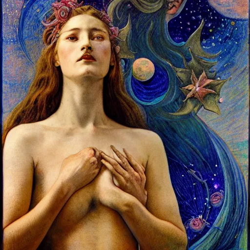 Prompt: queen of the moon with stars in her hair, by annie swynnerton and tino rodriguez and nicholas roerich and lucien freud and jean delville and donato giancola, dramatic lighting, floral tattoos, rich colors, smooth sharp focus, extremely detailed, adolf wolfli