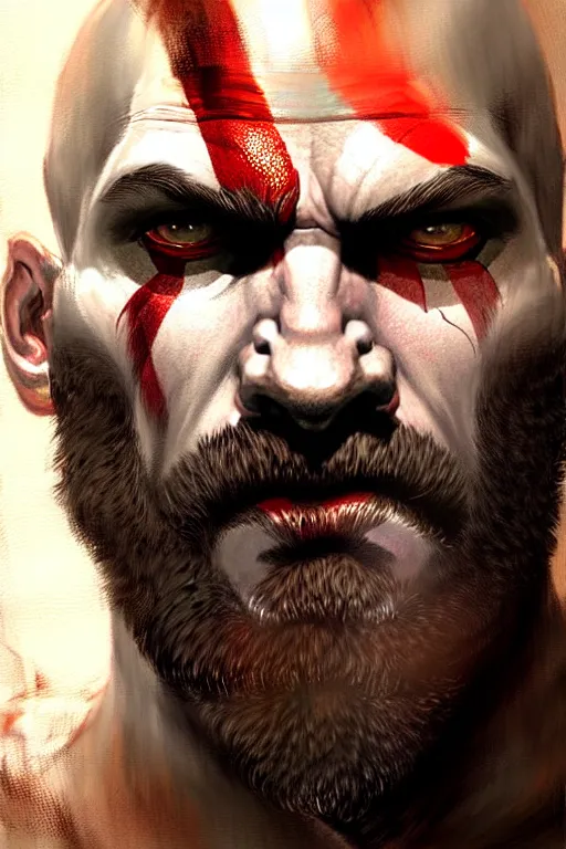 Image similar to god of war kratos face detailed portrait dnd, painting, brush strokes by gaston bussiere, craig mullins, greg rutkowski, yoji shinkawa