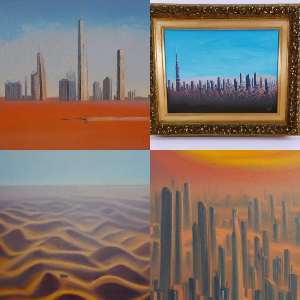 oil on canvas painting of tall skyscrapers sinking Stable Diffusion