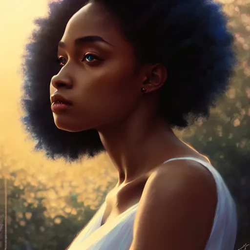 Image similar to a Photorealistic dramatic hyperrealistic bright blue eyes, African American elegant girl, black hair, white veil,by WLOP,Artgerm,Greg Rutkowski,Alphonse Mucha, Dang My Linh, Beautiful dynamic dramatic bright sunset lighting,shadows,cinematic atmosphere,Artstation,concept design art,Octane render,8k