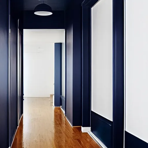 Prompt: minimalist hallway, navy blue and black aesthetic, unknown location, clean, stucco walls, shiny floors, cinematic