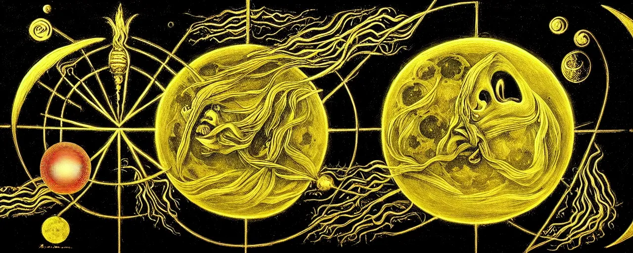 Image similar to a strange alchemical creature with a mouth of gold radiates a unique canto'as above so below'to the moon, while being ignited by the spirit of haeckel and robert fludd, breakthrough is iminent, glory be to the magic within, in honor of saturn, painted by ronny khalil