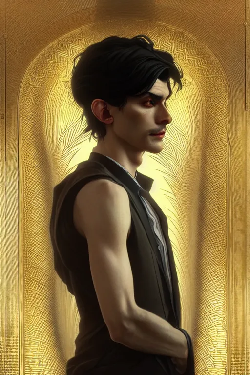 Image similar to ultra realistic, thin man in nice modern clothes, black hair, brown eyes, occult jewelry, fantasy, intricate details, eerie, highly detailed, octane render, 8 k, art by artgerm and alphonse mucha and greg rutkowski