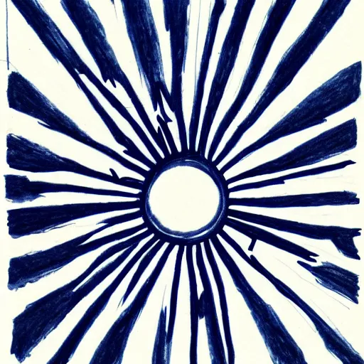 Image similar to single line drawing the sun's Corona emitting solar flares, blue ink pen