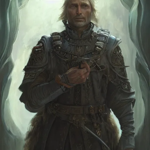 Image similar to Mads Mikkelsen as a fantasy D&D character, portrait art by Donato Giancola and Bayard Wu, digital art, trending on artstation, 4k