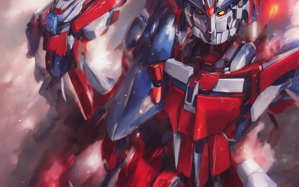 Image similar to A realistic anime portrait of a Gundam with glowing red eyes, digital painting, by Stanley Artgerm Lau, Sakimichan, WLOP and Rossdraws, digtial painting, trending on ArtStation, SFW version