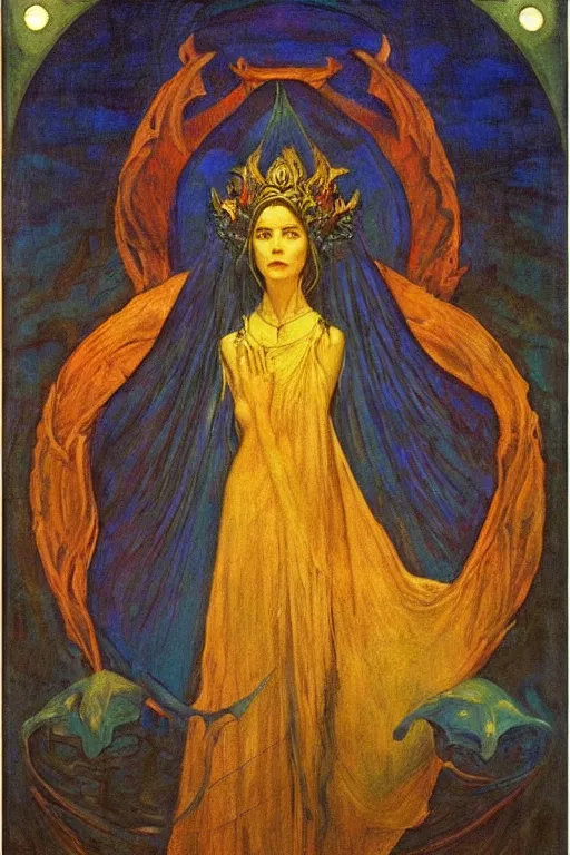 Image similar to queen of the underworld with her lantern, by Annie Swynnerton and Nicholas Roerich and jean delville, dramatic cinematic lighting , ornate headdress , flowing robes, sacred artifacts, lost civilizations, smooth, sharp focus, extremely detailed