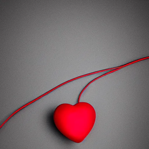 Prompt: a glowing red heart connected to dark green strings with a black background, digital art