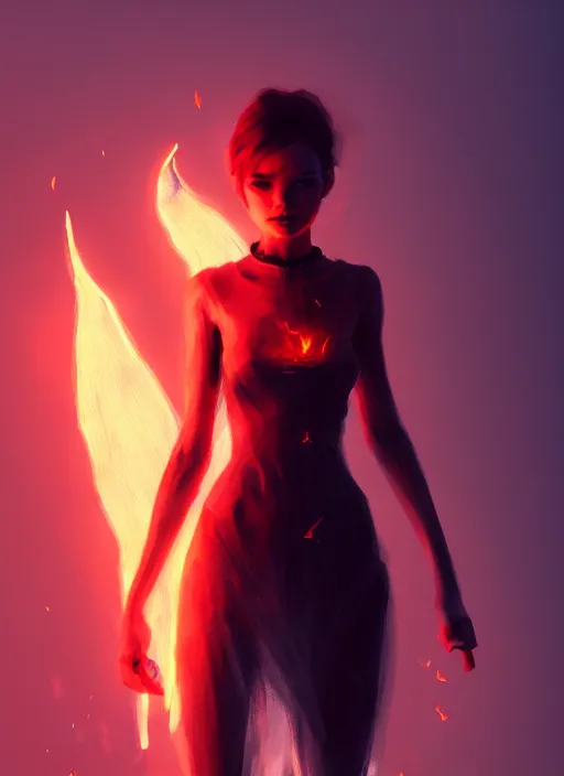 Prompt: satan daughter, wearing, outfit, clothes, full body, fire, hell, lightning, pyromancer, intricate, elegant, highly detailed, digital painting, artstation, concept art, smooth, sharp focus, illustration, ethereal, misty, by ilya kuvshinov and jeremy mann, 8 k, octane render