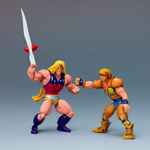 Prompt: he-man action figures fighting,