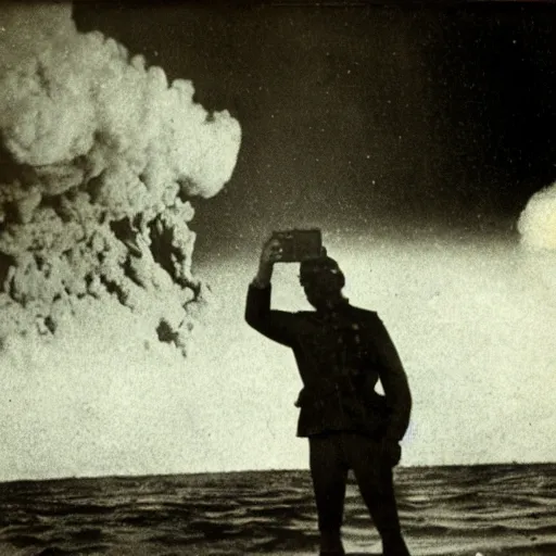 Image similar to a person takes a photo of an asteroid impact, taken on a ww 1 camera, dead people are floating in the ocean, the sky is filled with smoke.