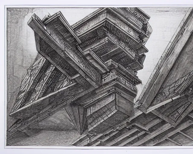 Image similar to Piranesi imagination. red blue and green ballpoint pen on plywood