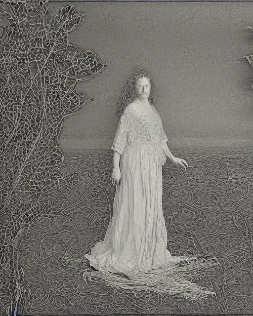 Image similar to a woman standing at the shore, made of intricate decorative lace leaf skeleton, in the style of the dutch masters and gregory crewdson, dark and moody