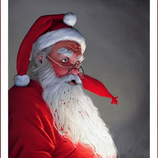 Prompt: Portrait Portrait of Santa Claus the Rotund Elf emerging from his signature red outfit whilst standing atop volcano greg rutkowski dan witz paul klee andrew wyeth tom bagshaw stanton feng bastien lecouffe-deharme tombow oil painting