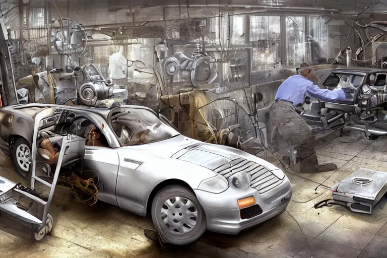 Image similar to repairing a vehicle on a machine world, year 2 0 0 3, photorealistic