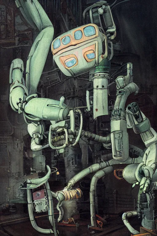 Prompt: a scene with a anime monster that looks like a white plastic industrial robot with fluo colored details covered in pastel colors, moody light, flemish painting