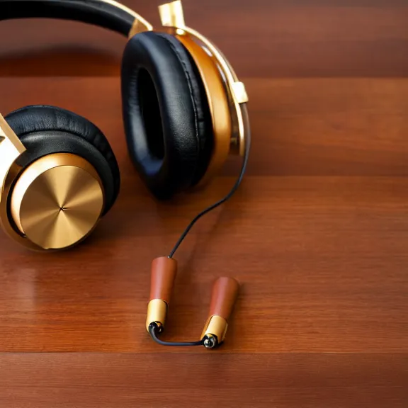 Prompt: beautiful well designed meze classics headphones gold metal, wood cups, leather padding, next to an amplifier on mahogany desk, modernist headphones, wood headphones hyperrealistic, audiophile, intricate high detail, extreme quality, photographic, meze audio, sennheiser
