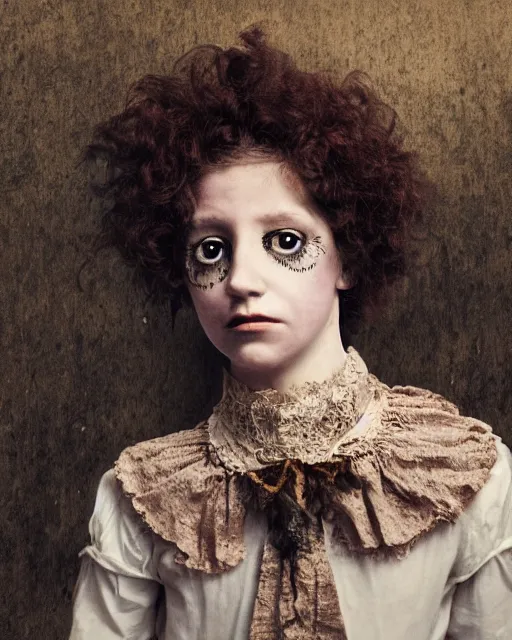 Image similar to an instant photo of a beautiful but creepy girl in layers of fear, with haunted eyes and curly hair, wearing a vivienne westwood collar, 1 9 7 0 s, seventies, wallpaper, moorland, a little blood, moonlight showing injuries, delicate embellishments, painterly, offset printing technique, by mary jane ansell