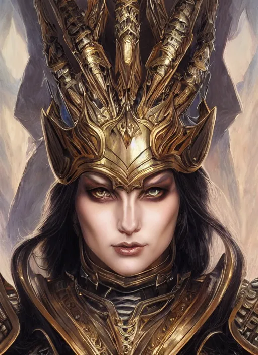 Image similar to a highly detailed symmetrical body shot and face of a evil female fantasy paladin sorceress with piercing beautiful eyes, art by artgerm and karol bak and mark brooks and donato giancola and bayard wu, oil painting, reallusion character creator, depth perception, elegant, intricate