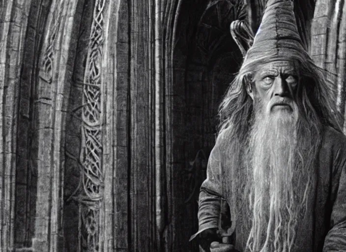 Prompt: gandalf played by lance henriksen stood outside orthanc, style of h. r. giger, directed by david fincher,