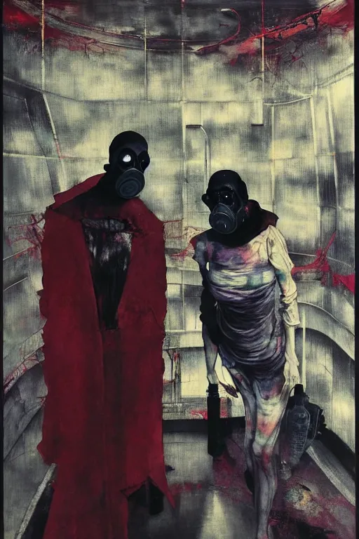 Prompt: two skinny old people wearing gas masks inside a brutalist designed space ship , gothic, rich deep colours, painted by Francis bacon, Adrian ghenie, James jean and Petra cortright, part by Gerhard Richter, part by Takato Yamamoto. 8k masterpiece