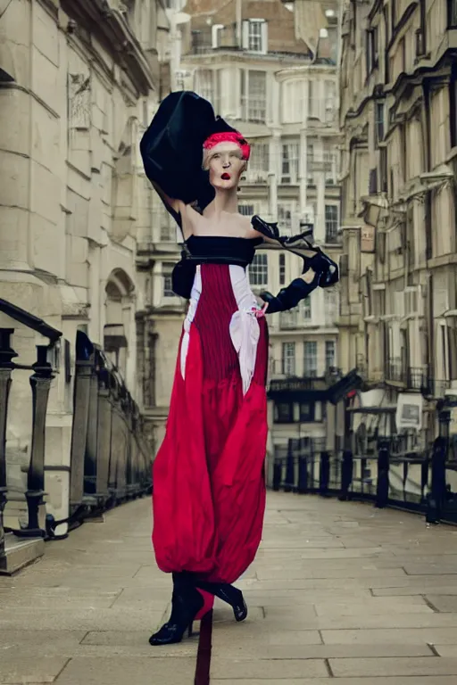 Prompt: high fashion photoshoot in london wearing 1 9 th century fashion inspired by issey miyake, vogue, wonderland. fashion photography, streetwear.