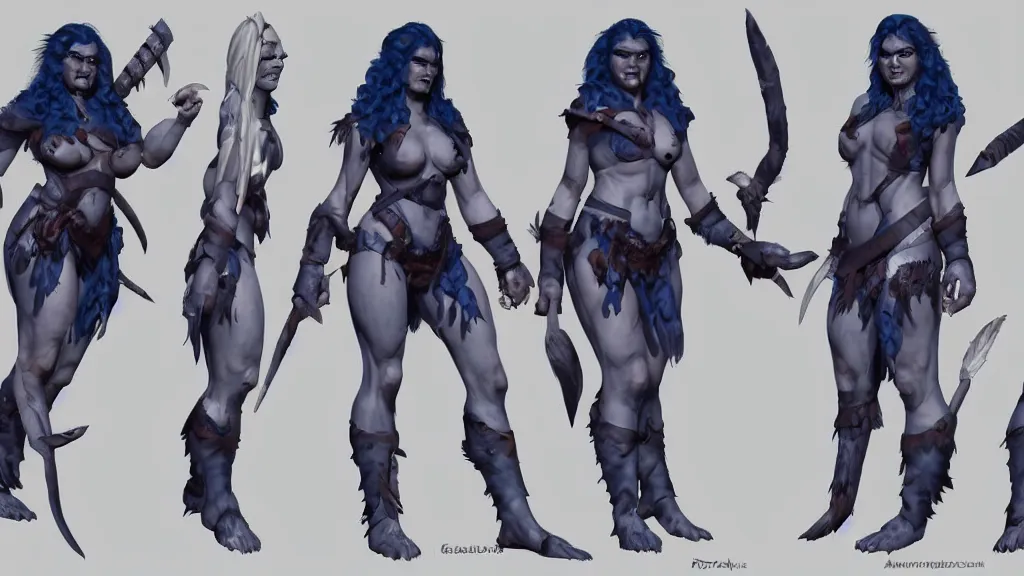 Prompt: a fantasy dark blue haired female barbarian orc character design sheet, trending on artstation