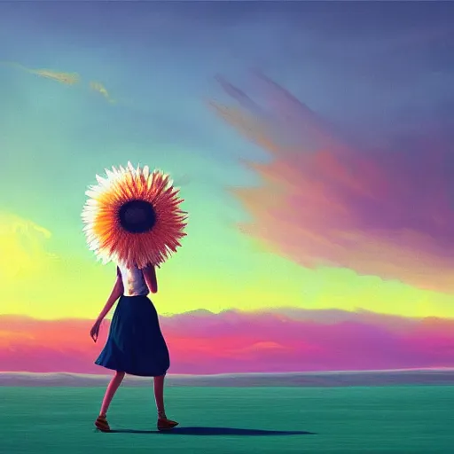 Image similar to giant daisy flower head, girl walking on salt flats mountains, surreal photography, sunrise, dramatic light, impressionist painting, colorful clouds, digital painting, artstation, simon stalenhag