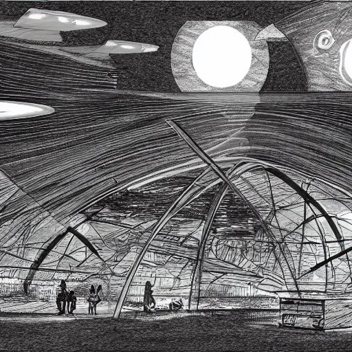 Image similar to a black pen sketch of a futuristic martian civilization, solarpunk