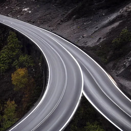 Prompt: traffic jam on a mountain highway, high resolution photograph, extreme dramatic lighting