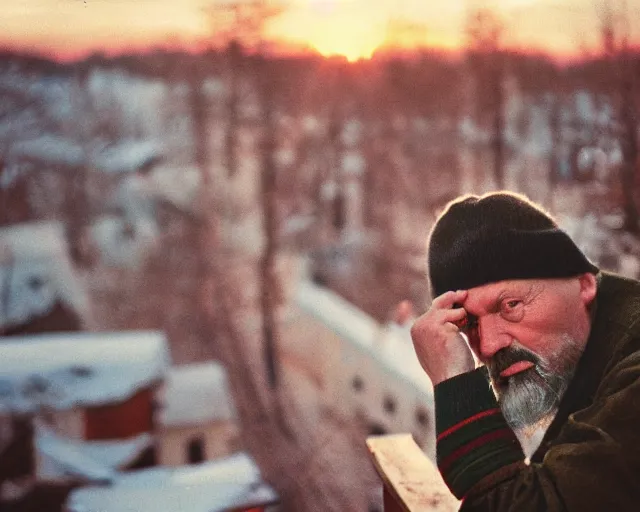 Image similar to award - winning lomographic tarkovsky film still of 4 0 years russian man with beard and sweater standing on small hrushevka 9 th floor balcony in taiga looking at sunset, kodak ektar, bokeh