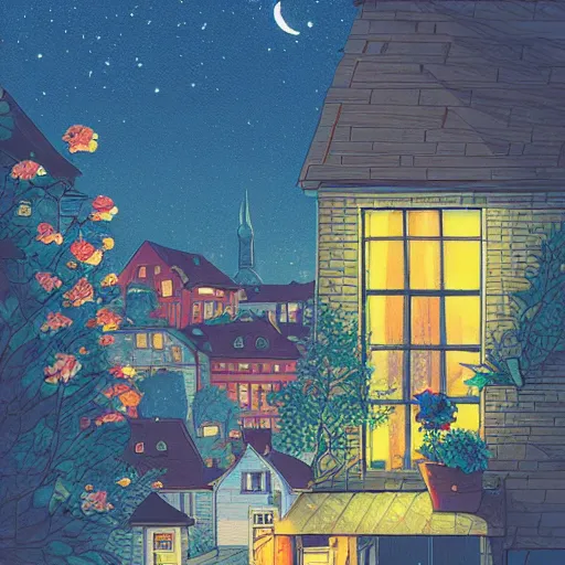 Image similar to cottagecore illustration of a small town, plants, moon, night, street lamps, cats, fence, windows, terrace, flowers, dramatic lighting, trending on Artstation, art by James Jean, Ilya Kuvshinov, Loish Van Baarle, sharp, illustration