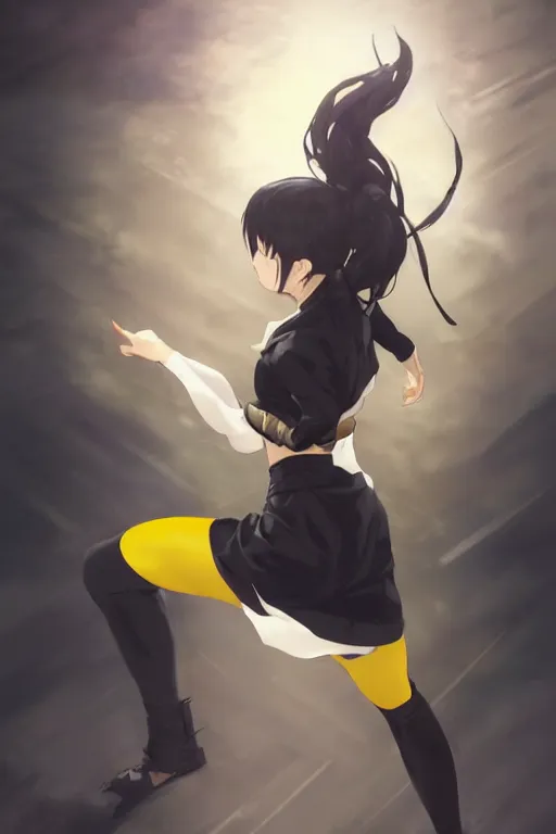 Image similar to black ponytail hair, pale woman in a black zipper jacket, yellow eyes, by artgerm, hair tied in a ponytail, white backdrop, soft lighting, fighting pose, by greg rutkowski makoto shinkai takashi takeuchi