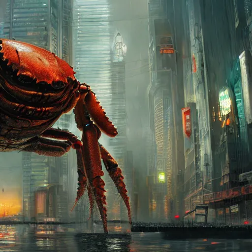 Prompt: a giant Cyborg crab, cyberpunk, invading a city, cinematic, realistic, digital art, Lovecraft, by Stephen king, scary, horror, finely detailed, 8k