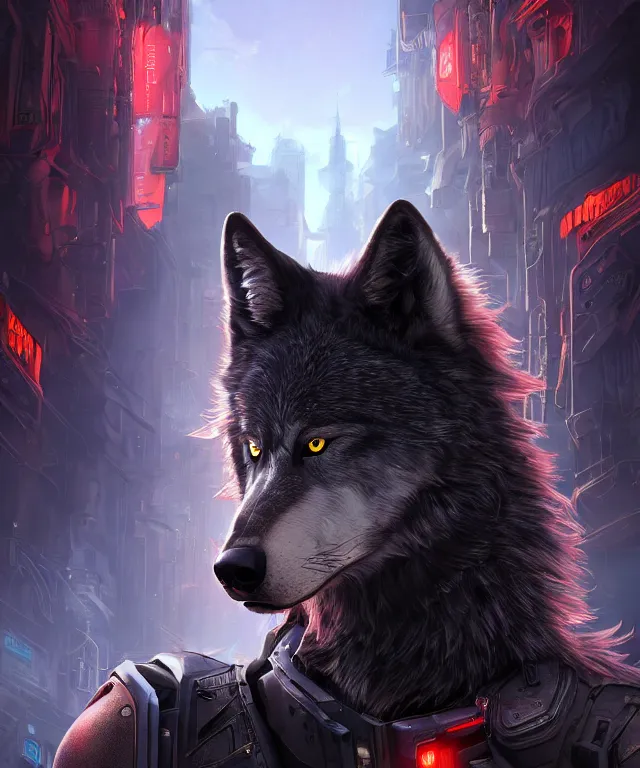 Image similar to portrait of male anthropomorphic dark gray wolf, long red hair, blue eyes, in a futuristic city, hyper detailed, digital art, trending in artstation, cinematic lighting, studio quality, smooth render, unreal engine 5 rendered, octane rendered, art style by pixar dreamworks warner bros disney riot games and overwatch.