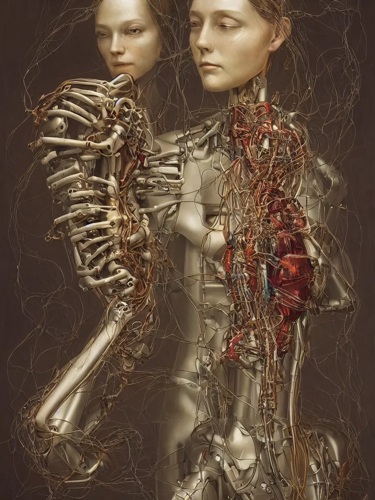 Prompt: portrait of a beautiful female android robot holding a realistic anatomical heart in her hands and crying, there are wires coming from her heart, tangled and entwined with her long flowing hair, mecha, biopunk, painting by James C. Christensen, by Dan Witz, by tomasz alen kopera