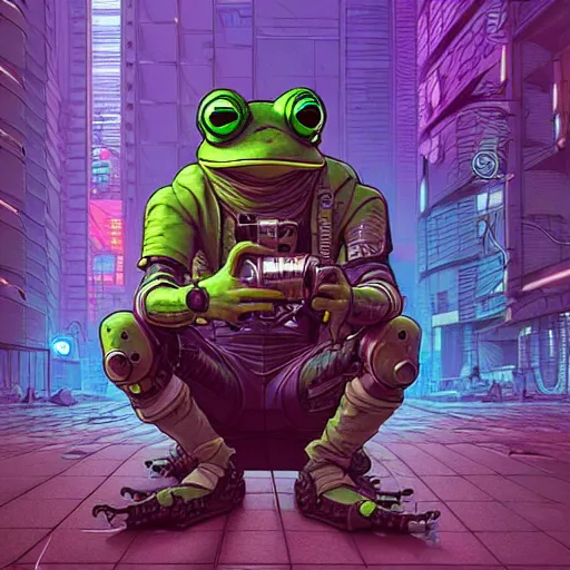 Prompt: A cyberpunk frog cyborg eats on the street of a cyberpunk city art by Josan Gonzalez, sci-fi, highly detailed, digital painting, artstation, smooth, sharp focus, illustration, concept art by Josan Gonzalez and James Gurney and Mœbius