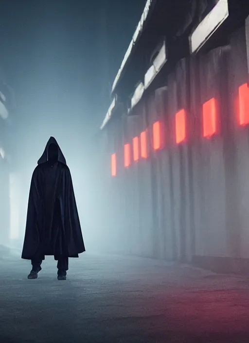 Image similar to dark figure wearing black robe with subtle trim gold accents hooded cyberpunk bladerunner 2049 movie still (2017)