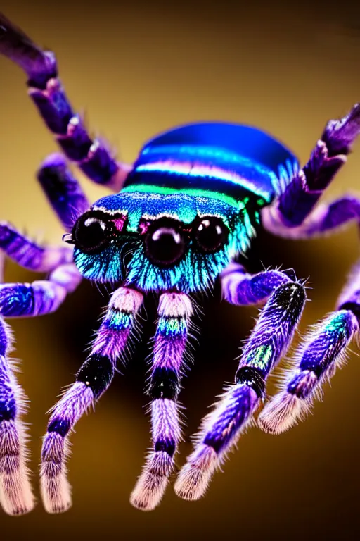 Image similar to high quality macro photo iridescent tarantula! jewelled cute! highly detailed david ligare elson peter cinematic blue lighting high quality low angle hd 8k sharp shallow depth of field