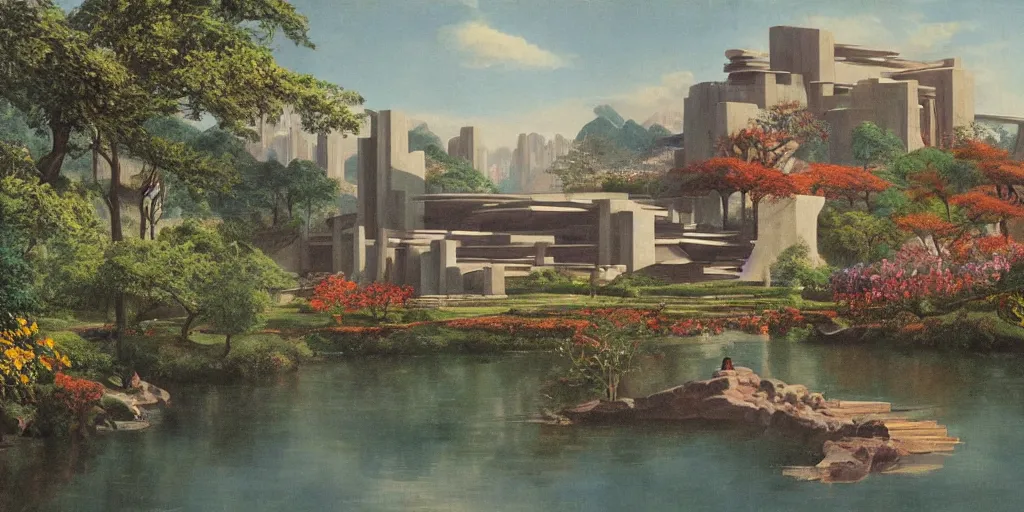 Image similar to establishing matte painting of a utopian city designed by frank lloyd wright in spring, flowers, trees, lake