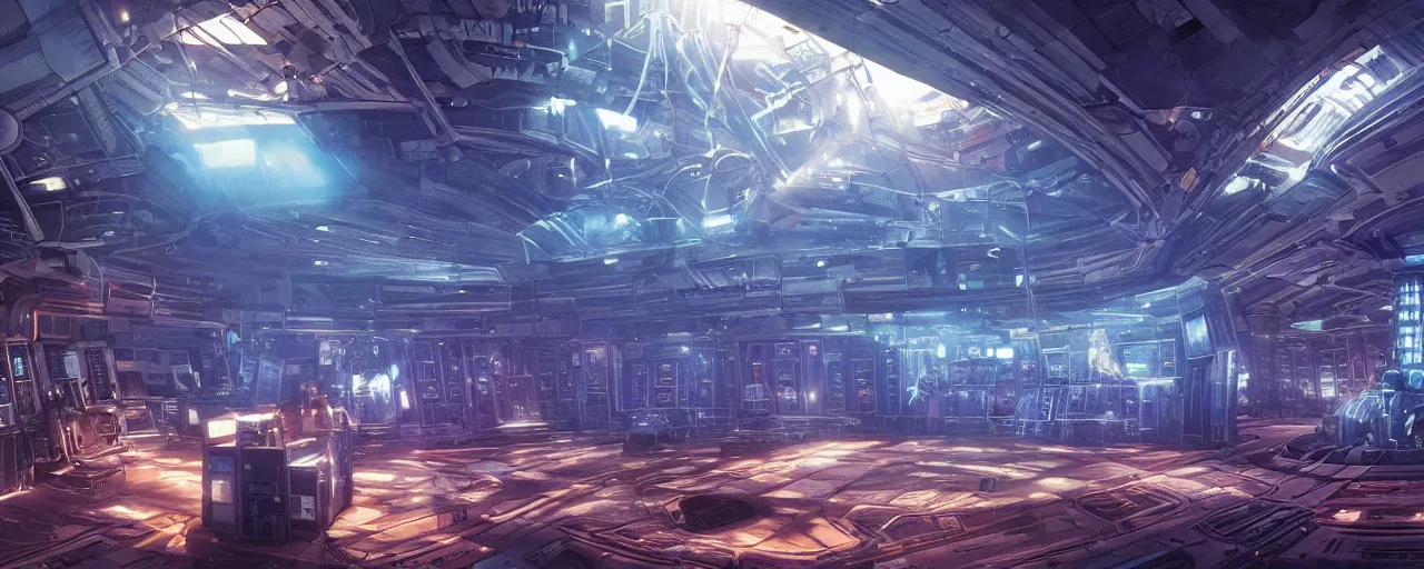 Prompt: interior of the TARDIS , time rotor, thick blue mist, low ceiling, cables hanging from ceiling, thick cables on ground, god rays of light, huge computer screens, neons, saturated top light , epic scene, panoramic, scifi, illustration, art by Juan Giménez and moebius