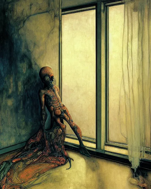 Image similar to oil painting of an old dead figure watching the sun fall from window in a living room in an old apartment, Wayne Barlowe digital art, Beksinski impasto painting, part by Egon Schiele, part by Peter Mohrbacher and Gerhard Richter. art by Francisco Goya and Takato Yamamoto,  Francis Bacon masterpiece