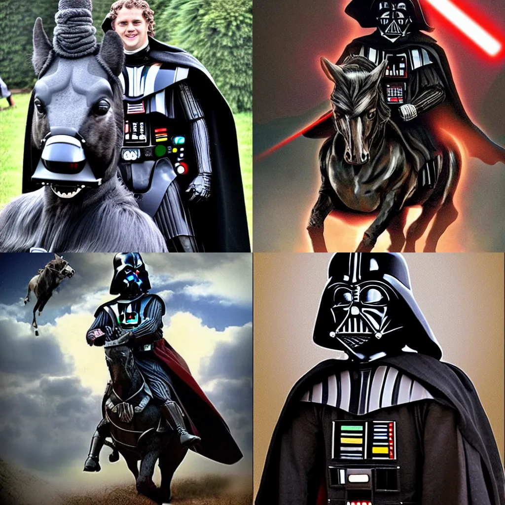 Prompt: Darth Vader rides a horse with the head of Frodo Beutlin the Hobbit, The horse has a Head in the shape of Frodo beutlin the hobbit, hobbit, hobbit, hobbithead